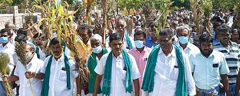 தொடர் மழையால் அழுகி சேதமடைந்த மானாவாரி பயிர்களுடன் விவசாயிகள் தூத்துக்குடி மாவட்ட ஆட்சியர் அலுவலகத்தை முற்றுகையிட்டனர். படம்: என்.ராஜேஷ்