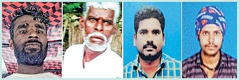 கடலில் மூழ்கிய தமிழக மீனவர்களின் உடல்களை தேடும் பணியில் ஈடுபட்ட இலங்கை கடற்படையின் ஸ்கூபா வீரர்கள். (அடுத்த படம்) இலங்கை கடற்படையினர் மீது கொலை வழக்கு பதியக் கோரி கோட்டைப்பட்டினத்தில் நேற்று சாலை மறியலில் ஈடுபட்ட மீனவர்கள். (உள்படம்) உயிரிழந்த மீனவர்கள் மெசியா, நாகராஜ், செந்தில்குமார், டார்வின்.