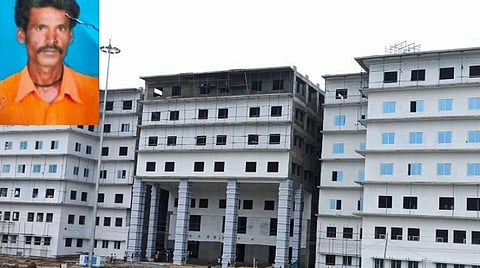 விருதுநகர் அரசு மருத்துவக் கல்லூரி கட்டிடம். உள்படம்: உயிரிழந்த தொழிலாளி முருகன்.