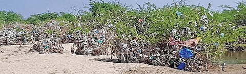 புவனகிரி பகுதி வெள்ளாற்றில் தேங்கியுள்ள குப்பைகள்.