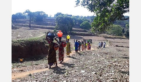 தளி தொகுதி மலைக்கிராமங்களில் நீண்ட தூரத்தில் இருந்து குடிநீர் எடுத்து வரும் மலைக்கிராம பெண்கள்