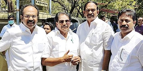 விருதுநகர் மாவட்டத்தில் திமுக சார்பில் போட்டியிடும் வேட்பாளர்கள் சாத்தூர் ராமச்சந்திரன், தங்கம்தென்னரசு, தங்கப்பாண்டியன், ஏ.ஆர்.ஆர்.சீனிவாசன்.