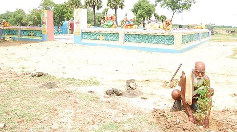 கோயில் வளாகம் முன்பு மரக்கன்றினை நடும் முதியவர் கருப்பையா.