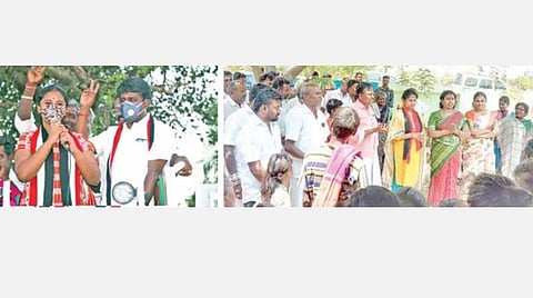 விராலிமலை தொகுதியில் அமைச்சர் சி.விஜயபாஸ்கருடன் பிரச்சாரத்தில் ஈடுபடும் அவரது மகள் ரிதன்யா பிரியதர்ஷினி. (அடுத்த படம்) திமுக வேட்பாளர் எம்.பழனியப்பனுக்கு ஆதரவாக வாக்கு சேகரிக்கிறார் அவரது மகள் லாவண்யா லட்சுமி .