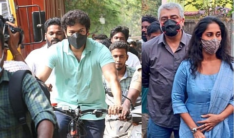 அஜித் முகக்கவசம், விஜய்யின் சைக்கிள் சவாரி: நெட்டிசன்கள் விவாதம்