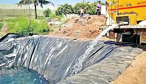 சூளகிரி அருகே ரோஜா செடிகளுக்கு, தண்ணீர் பற்றாக்குறையால், விலைக்கு தண்ணீர் வாங்கி குட்டையில் நிரப்பி, சொட்டு நீர் பாசனம் மூலம் பாய்ச்சப்படுகிறது.