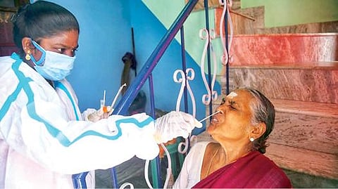 நாகர்கோவிலில் வீடு வீடாகச் சென்று கரோனா பரிசோதனைக்காக சளி மாதிரிகளை சேகரித்த சுகாதாரத் துறையினர்.