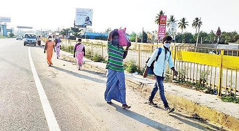 கர்நாடக மாநிலத்தில் இருந்து கால்நடையாக சுட்டெரிக்கும் வெயிலை பொருட் படுத்தாமல் தமிழக எல்லையான ஜுஜுவாடி நோக்கி வரும் ஒரு குடும்பத்தினர். படம்: ஜோதி ரவிசுகுமார்
