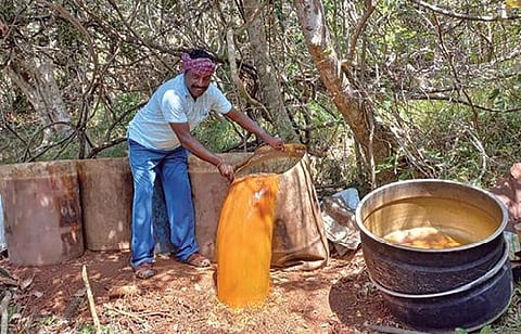 கல்வராயன்மலையில் கள்ளச்சாராய வியாபாரிகளால் பதுக்கி வைக்கப்பட்டிருந்த சாராய ஊரல்களை அழிக்கும் போலீஸார்.