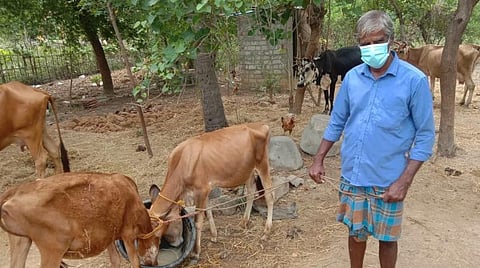 மகனின் கல்விச் செலவுக்காக வளர்த்த கன்றுகளை விற்று கரோனா நிவாரண நிதி: தஞ்சை மாற்றுத்திறனாளிக்கு ஆட்சியர் பாராட்டு