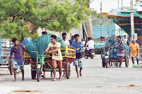மீன்பிடி தடைக்காலம் வரும் 14-ம் தேதி முடிவடைய உள்ள நிலையில், தூத்துக்குடி மீன்பிடித் துறைமுகத்தில் விசைப்படகில் வண்ணம் பூசும் பணியில் ஈடுபட்ட தொழிலாளி. (அடுத்தபடம்) வலைகளை சீரமைத்து மீன்பிடி துறைமுகத்துக்கு தள்ளுவண்டிகளில் கொண்டு வரும் மீனவர்கள். படங்கள்: என்.ராஜேஷ்