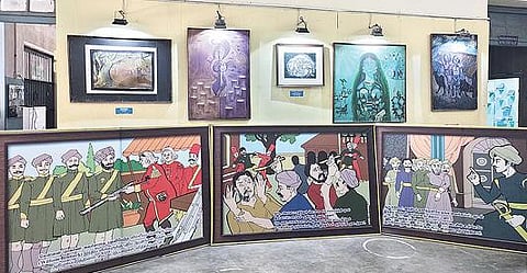 வேலூர் கோட்டை அரசு அருங்காட்சியகத்தில் சிப்பாய் புரட்சியை ஓவியங்கள் மூலம் விளக்கும் வகையில், நடைபெற உள்ள கண்காட்சிக்காக கொண்டு வரப்பட்டுள்ள டிஜிட்டல் பேனர்கள். படம்: வி.எம்.மணிநாதன்.