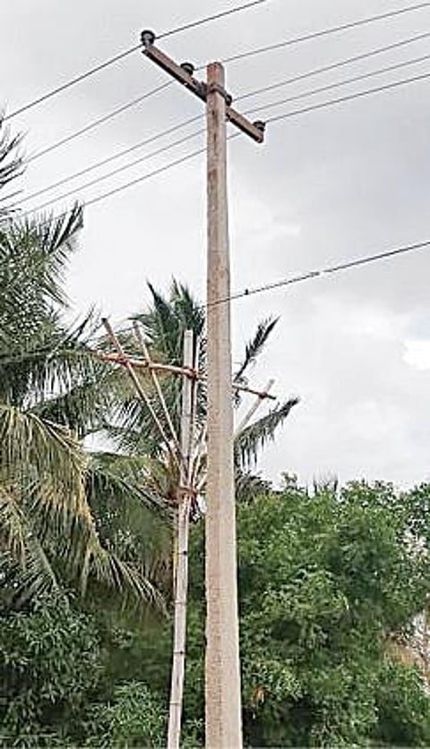 திருப்பாச்சேத்தி அருகே கண்ணாரிருப்பு விலக்கில் ஊன்றப்பட்ட புதிய மின் கம்பம்.