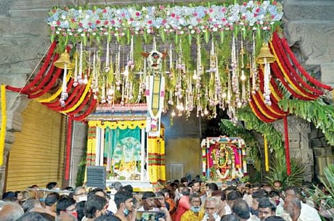 சங்கரன்கோவிலில் ஆடித்தபசு காட்சி நேற்று நடைபெற்றது. இதில், கோமதி அம்மனுக்கு சங்கரநாராயணராக காட்சியளித்த சுவாமி.