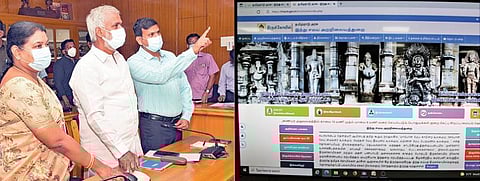கோயில்களில் பக்தர்கள் உழவாரப் பணிகளை மேற்கொள்ள இணைய வழியில் பதிவு செய்யும் வசதியை இந்து சமய அறநிலையத் துறை அமைச்சர் பி.கே.சேகர்பாபு, சென்னை நுங்கம்பாக்கத்தில் உள்ள இந்து சமய அறநிலையத் துறை ஆணையர் அலுவலக கூட்டரங்கில் நேற்று தொடங்கி வைத்தார். உடன் சமூகநலத் துறை அமைச்சர் கீதா ஜீவன், இந்து சமய அறநிலையத் துறை ஆணையர் குமரகுருபரன் உள்ளிட்டோர்.படம்: பு.க.பிரவீன்