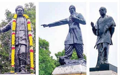 சென்னை துறைமுகம் அருகே உள்ள வ.உ.சிதம்பரனார் சிலைக்கு சுதந்திர தினத்தை முன்னிட்டு முதல்முறையாக மாலை அணிவிக்கப்பட்டுள்ளது. (அடுத்த படங்கள்) மாலை அணிவிக்கப்படாமல் இருக்கும் மகாகவி பாரதியார், பாவேந்தர் பாரதிதாசன் சிலைகள்.படங்கள்: ச.கார்த்திகேயன்