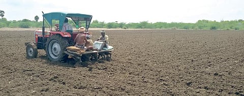 விளாத்திகுளம் அருகே மாவில்பட்டியில் உள்ள மானாவாரி நிலத்தில் டிராக்டர் மூலம் மக்காச்சோளம் விதைக்கப்படுகிறது.