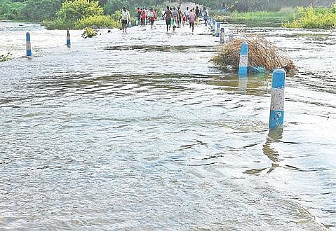கிருஷ்ணகிரி அணையில் இருந்து நேற்று மாலை விநாடிக்கு 1600 கனஅடி நீர் திறக்கப்பட்டுள்ளதால், பூங்காவிற்கு செல்லும் தரைப்பாலம் மூழ்கியபடி தண்ணீர் செல்கிறது. படம்: எஸ்.கே.ரமேஷ்