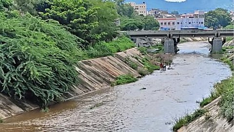 தொடர் மழையால் சேலம் அணைமேடு திருமணிமுத்தாற்றில் பெருக்கெடுத்து ஓடிய தண்ணீர்.