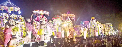 பாளையங்கோட்டையில் நடைபெற்ற தசரா விழாவில் மின் விளக்குகளால் அலங்கரிக்கப்பட்ட 12 சப்பரங்களில் பவனி வந்த அம்மன் உற்சவமூர்த்திகள் . படங்கள்: மு.லெட்சுமி அருண்