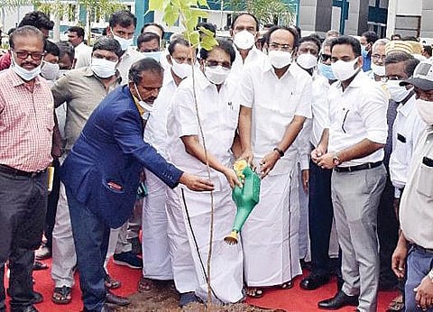 விருதுநகர் அரசு மருத்துவக் கல்லூரி வளாகத்தில் மரக்கன்றுகளை நட்ட அமைச்சர்கள் சாத்தூர் ராமச்சந்திரன், தங்கம் தென்னரசு. அருகில் ஆட்சியர் ஜெ.மேகநாதரெட்டி, சீனிவாசன் எம்.எல்.ஏ., டீன் சங்குமணி உள்ளிட்டோர்.