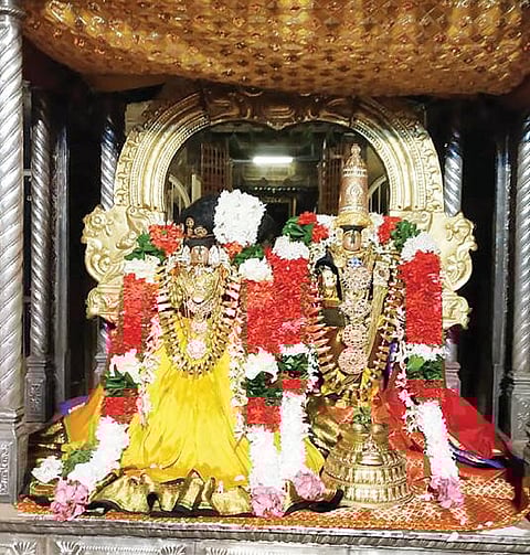 நாங்குநேரி வானமாமலை பெருமாள் கோயிலில் ஸ்ரீவரமங்கை தாயாருடன், சுவாமி தெய்வநாயகன் ஊஞ்சல் உற்சவம் கண்டருள்கிறார்.