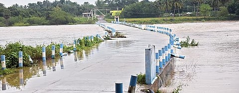 மழையின் காரணமாக, வேலூர் புதிய பேருந்து நிலையம் அருகே பாலாற்றில் அதிகரித்து ஓடும் வெள்ளம்.