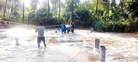 திருப்பத்துார் அடுத்த குரிசிலாப்பட்டு பாம்பாற்றில் வெள்ளப்பெருக்கு ஏற்பட்டு தரை பாலம் உடைந்ததை தொடர்ந்து, கயிறு மூலம் ஆபத்தான பயணத்தை மேற்கொள்ளும் பொதுமக்கள்.