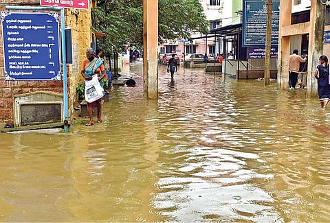 தூத்துக்குடி அரசு மருத்துவக் கல்லூரி மருத்துவமனையில் மகப்பேறு வார்டு பகுதியில் குளம் போல தேங்கியுள்ள மழை நீர்.