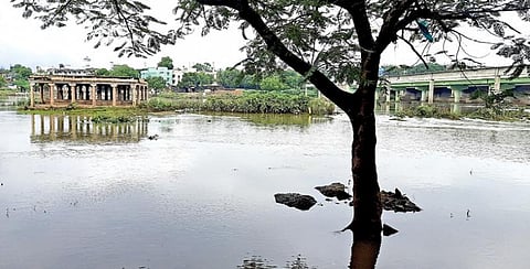 மலைப்பகுதியில் பெய்த பலத்த மழையால் பழைய குற்றாலம் அருவியில் நேற்று வெள்ளப்பெருக்கு ஏற்பட்டது. (வலது) தாமிரபரணி ஆற்றில் வெள்ளம் சிறிது குறைந்தது. கொக்கிரகுளம் பகுதியில் உள்ள மண்டபங்களையும், கரைகளில் உள்ள மரங்களையும் சூழ்ந்தவாறு தண்ணீர் பெருக்கெடுத்து ஓடியது. படம்: மு.லெட்சுமி அருண்