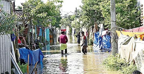 வேகவதி ஆற்றில் வெள்ளப்பெருக்கு ஏற்பட்டுள்ளதால் கரையோர குடியிருப்புகளில் வெள்ளம் புகுந்தது.படம்: எம்.முத்துகணேஷ்