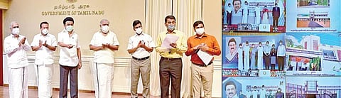 திண்டுக்கல், தூத்துக்குடி, நாமக்கல் மாவட்டங்களில் அறநிலையத்துறை சார்பில் அமைக்கப்பட்டுள்ள 3 கலை மற்றும் அறிவியல் கல்லூரிகளை முதல்வர் மு.க.ஸ்டாலின் காணொலி காட்சி வாயிலாக நேற்று தொடங்கி வைத்தார். அருகில் அமைச்சர்கள் ஐ.பெரியசாமி, க.பொன்முடி, பி.கே.சேகர்பாபு, தலைமைச் செயலர் வெ.இறையன்பு, அறநிலையத் துறை செயலர் சந்திரமோகன், ஆணையர் ஜெ.குமரகுருபரன் ஆகியோர்.