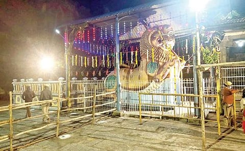 வேலூர் அடுத்த விரிஞ்சிபுரம் மார்கபந்தீஸ்வரர் கோயில் முன்பாக நேற்று தரிசனத்துக்காக காத்திருந்த பக்தர்கள்.