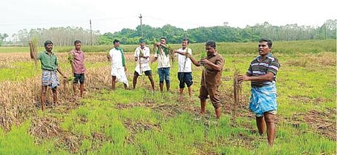 கண்ணனூர் ஏரி உபரி நீரால் விவசாய நிலத்தில் தேங்கியுள்ள தண்ணீரில் நின்று நேற்று நூதன முறையில் ஆர்ப்பாட்டத்தில் ஈடுபட்ட விவசாயிகள்.