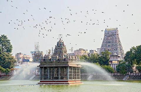 மயிலாப்பூர் கபாலீஸ்வரர் கோயில் குளத்தில் உள்ள மீன்களின் ஆக்ஸிஜன் தேவையை பூர்த்தி செய்யும் வகையில் அங்குள்ள மண்டபத்தில் செயற்கை நீருற்று அமைக்கப்பட்டுள்ளது. படம்: பு.க.பிரவீன்