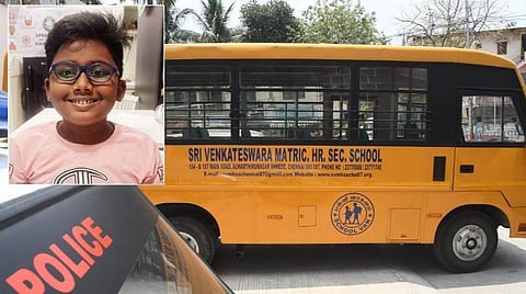 விபத்துக்குள்ளாக்கிய தனியார் பள்ளி வேன் | உள்படம் - உயிரிழந்த மாணவர் தீக்சித்