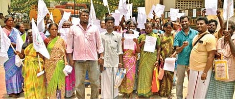 பொன்னாக்குடி சமத்துவபுரத்தில் குடியிருப்போர் கடந்த 25 ஆண்டுகளாக பட்டா வழங்கப்படவில்லை என்று திருநெல்வேலி மாவட்ட ஆட்சியர் அலுவலகத்துக்கு மனு அளிக்க வந்தனர். படம்: மு.லெட்சுமி அருண்