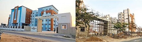 கள்ளக்குறிச்சி அரசு மருத்துவமனை மருத்துவக் கல்லூரியின் வெளிப்புறத் தோற்றமும், உட்புறத்தில் நிறைவடையாத கட்டிடப்பணிகளும்.