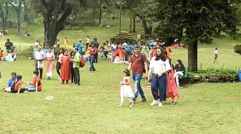 கொடைக்கானல் பிரையண்ட் பூங்காவில் உள்ள புல்வெளியில் உலா வந்த சுற்றுலாபயணிகள்