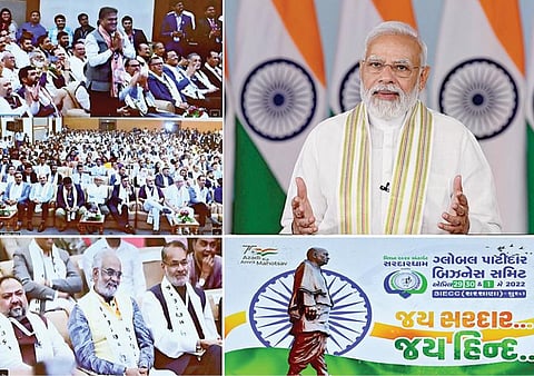 உலகளாவிய பட்டிதார் வணிக உச்சிமாடு குஜராத்தில் நேற்று நடந்தது. இதை பிரதமர் நரேந்திர மோடி, டெல்லியிலிருந்து காணொலி மூலம் தொடங்கி வைத்து உரையாற்றினார். இதில் பட்டிதார் இனத்தைச் சேர்ந்த தொழிலதிபர்கள் கலந்து கொண்டனர். படம்: பிடிஐ