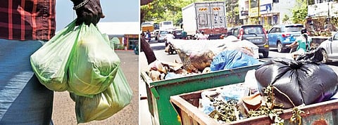 புதுச்சேரியில் ஒரு நபர் மதிய சாப்பாட்டை பிளாஸ்டிக் பைகளில் வாங்கிச் செல்கிறார். அடுத்தபடம்: பயன்பாட்டிற்கு பிறகு குப்பை தொட்டியில் குவிந்து கிடக்கும் பிளாஸ்டிக் கவர்கள். படங்கள்: எம்.சாம்ராஜ்