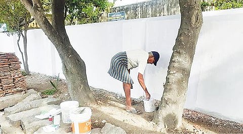 மண்டகொளத்தூர் அரசு மேல்நிலை பள்ளி சுற்றுச்சுவருக்கு வெள்ளை அடிக்கும் பணி நடைபெறுகிறது.