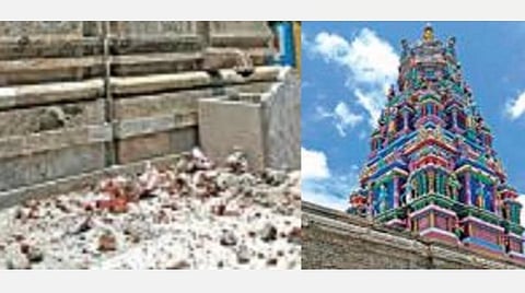 பெருந்துறை பிரசன்ன வெங்கட்ரமண சுவாமி கோயில் கோபுரத்தில் நேற்று முன்தினம் இரவு மின்னல் தாக்கியது. இதில், உடைந்து கீழே விழுந்த சுவாமி சிலைகள்.