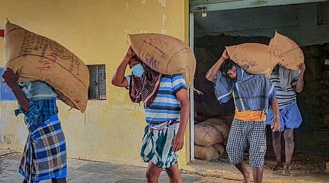 தஞ்சாவூரில் கொள்முதல் நிலையங்களில் 40 கிலோ எடை கொண்ட மூட்டைகளை கையாளும் சுமை தூக்கும் தொழிலாளர்கள். | படங்கள் ஆர்.வெங்கடேஷ்