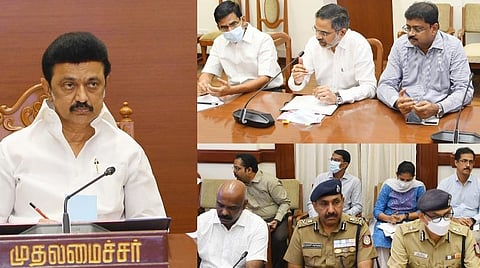 ஆன்லைன் ரம்மி விளையாட்டை தடை செய்ய அவசரச் சட்டம் பிறப்பித்தல் மற்றும் போதைப் பொருட்கள் தடுப்பு நடவடிக்கைகள் தொடர்பாக சென்னை தலைமைச் செயலகத்தில் நேற்று நடைபெற்ற ஆலோசனைக் கூட்டத்தில் பேசினார் முதல்வர் மு.க.ஸ்டாலின். உடன், சட்டத் துறை அமைச்சர் எஸ்.ரகுபதி, தலைமைச் செயலர் வெ.இறையன்பு, உள்துறைச் செயலர் க.பணீந்திர ரெட்டி, டிஜிபி சைலேந்திர பாபு, சென்னை காவல் ஆணையர் சங்கர் ஜிவால், சட்டத் துறைச் செயலர்கள் பி.கார்த்திகேயன், சி.கோபி ரவிகுமார் மற்றும் அதிகாரிகள்.