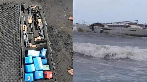 மகாராஷ்டிராவின் ராய்காட் கடல் பகுதியில் மிதந்து வந்த மர்ம படகு. (அடுத்த படம்) படகில் இருந்து மீட்கப்பட்ட பெட்டியில், 3 ஏ.கே.-47 துப்பாக்கிகள் மற்றும் தோட்டாக்கள் கண்டுபிடிக்கப்பட்டன. படங்கள்: பிடிஐ.