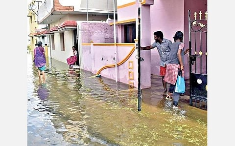 ஈரோடு வெட்டுக்காடு வலசு மடிக்காரர் காலனியில் கால்வாய் வசதியில்லாததால், சாலையில் தேங்கிய மழை நீர்.