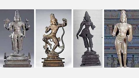 இங்கிலாந்து - அமெரிக்க அருங்காட்சியகங்களில் கண்டுபிடிக்கப்பட்டுள்ள, கும்பகோணம் கோயிலில் 60 ஆண்டுகளுக்கு முன்பு திருடுபோன விஷ்ணு, காளிங்கனார்த்தன கிருஷ்ணன், தேவி, திருமங்கை ஆழ்வார் சிலைகள்.