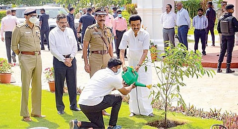 சுற்றுச்சூழல் நலனை முன்னிறுத்தும் வகையில், சென்னை டிஜிபி அலுவலக வளாகத்தில் மகிழம் பூ மரக்கன்றை முதல்வர் மு.க.ஸ்டாலின் நேற்று நட்டார். உடன் உள்துறை செயலர் க.பணீந்திர ரெட்டி, டிஜிபி சைலேந்திரபாபு, சென்னை காவல் ஆணையர் சங்கர் ஜிவால் உள்ளிட்டோர். படம்: பு.க.பிரவீன்