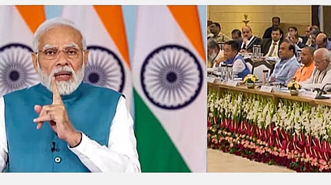 ஹரியாணாவின் சூரஜ்கண்ட்டில் நேற்று நடைபெற்ற மாநில உள்துறை அமைச்சர்களின் சிந்தனைக் கூட்டத்தில் காணொலி வாயிலாகப் பேசினார் பிரதமர் நரேந்திர மோடி. (அடுத்த படம்) கூட்டத்தில் பங்கேற்ற மத்திய உள்துறை அமைச்சர் அமித் ஷா உள்ளிட்டோர். படம்: பிடிஐ